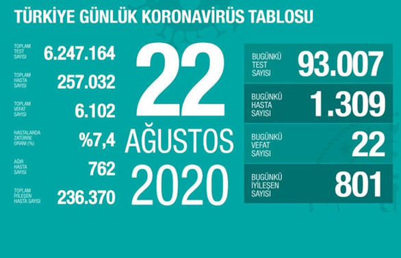 Koronavirüste 22 can kaybı, bin 309 yeni vaka
