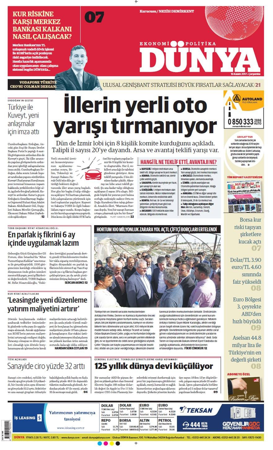 Günün gazete manşetleri (15 Kasım 2017) - Sayfa 1