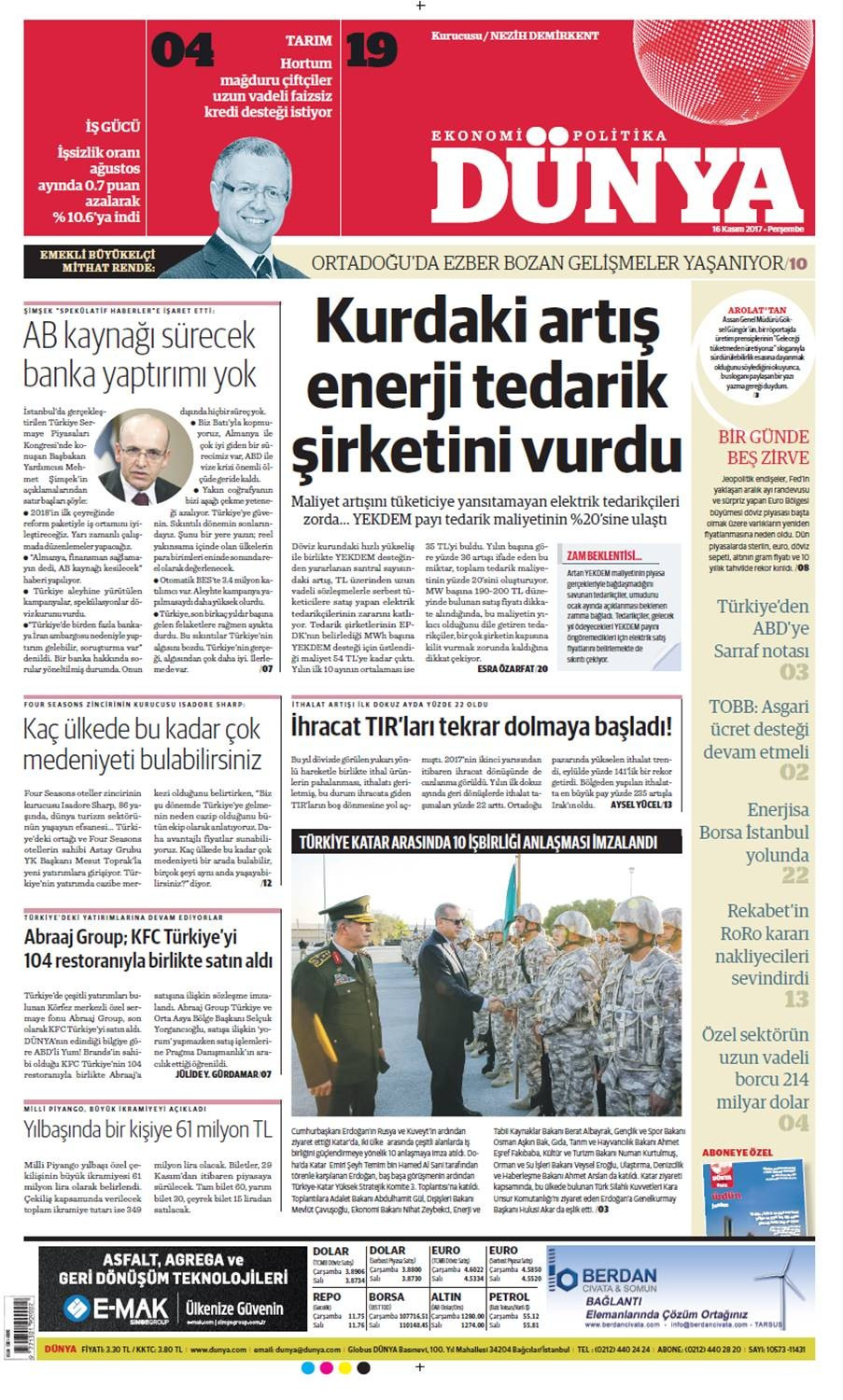 Günün gazete manşetleri (16 Kasım 2017) - Sayfa 1
