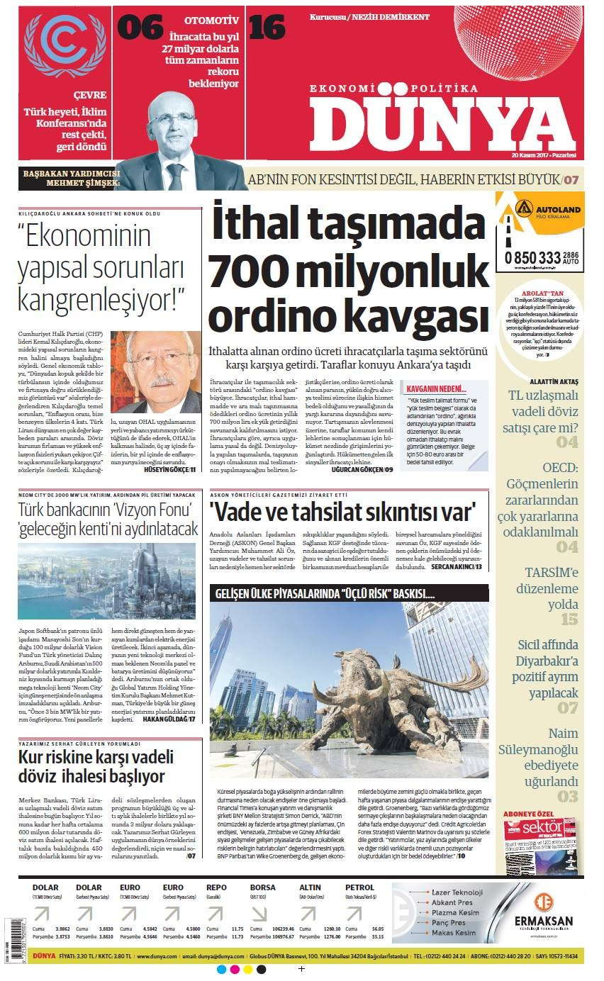 Günün gazete manşetleri (20 Kasım 2017) - Sayfa 1