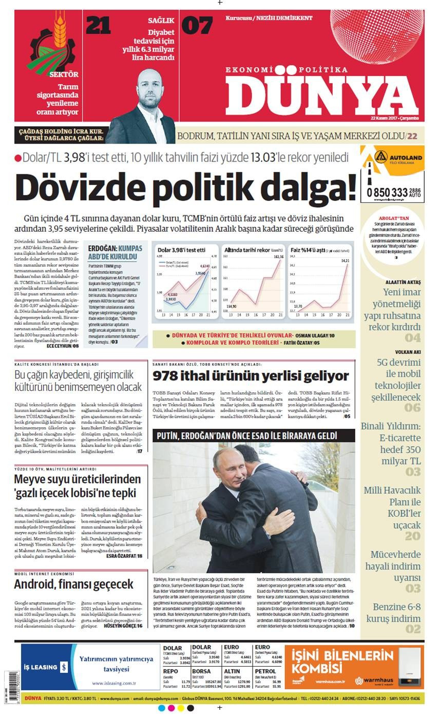 Günün gazete manşetleri (22 Kasım 2017) - Sayfa 1