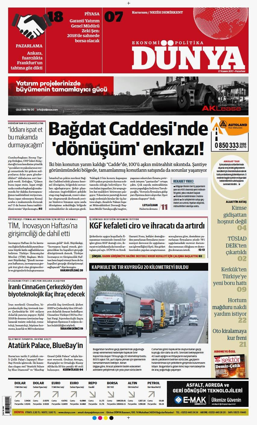 Günün gazete manşetleri (27 Kasım 2017) - Sayfa 1