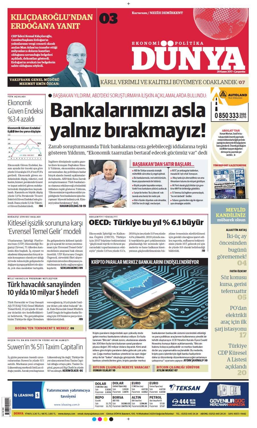 Günün gazete manşetleri (29 Kasım 2017) - Sayfa 1