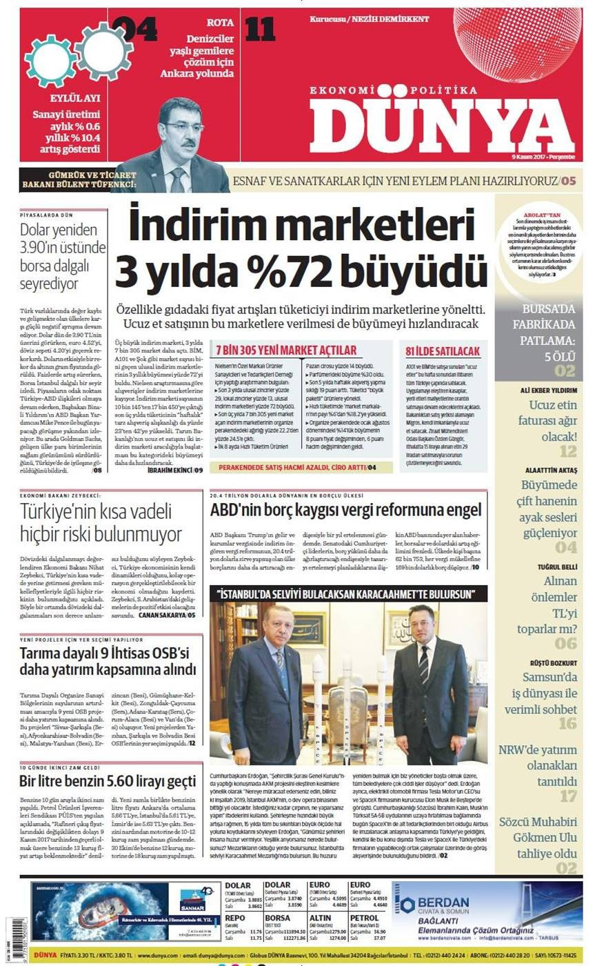 Günün gazete manşetleri (9 Kasım 2017) - Sayfa 1