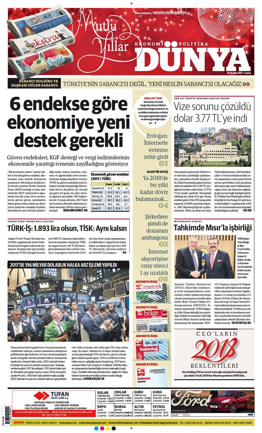 Günün gazete manşetleri (29 Aralık 2017) - Sayfa 1