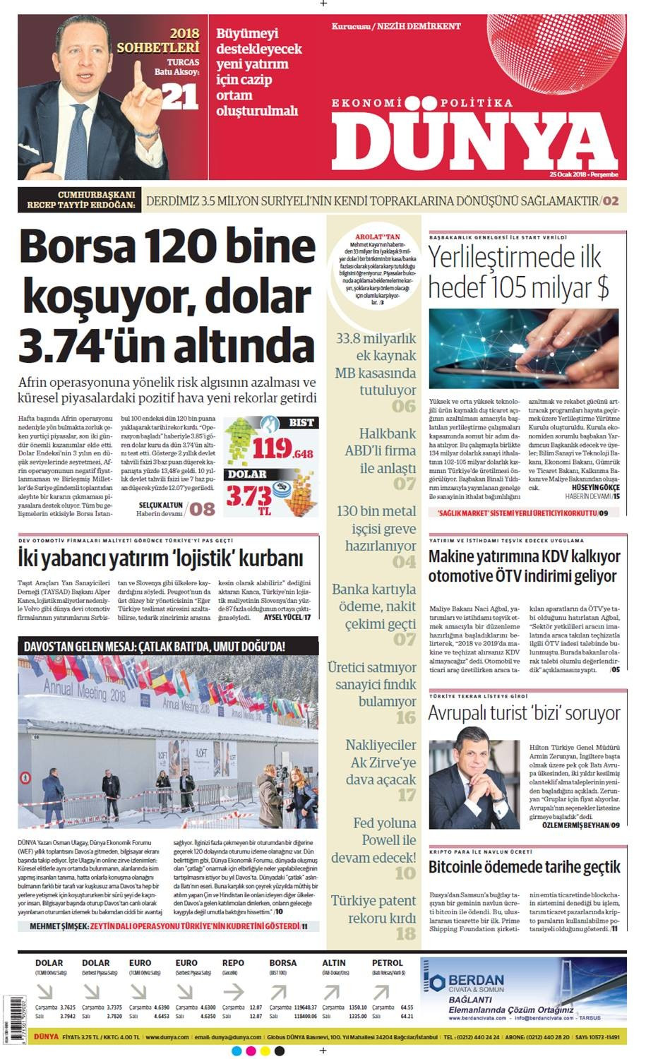 Günün gazete manşetleri (25 Ocak 2018) - Sayfa 1