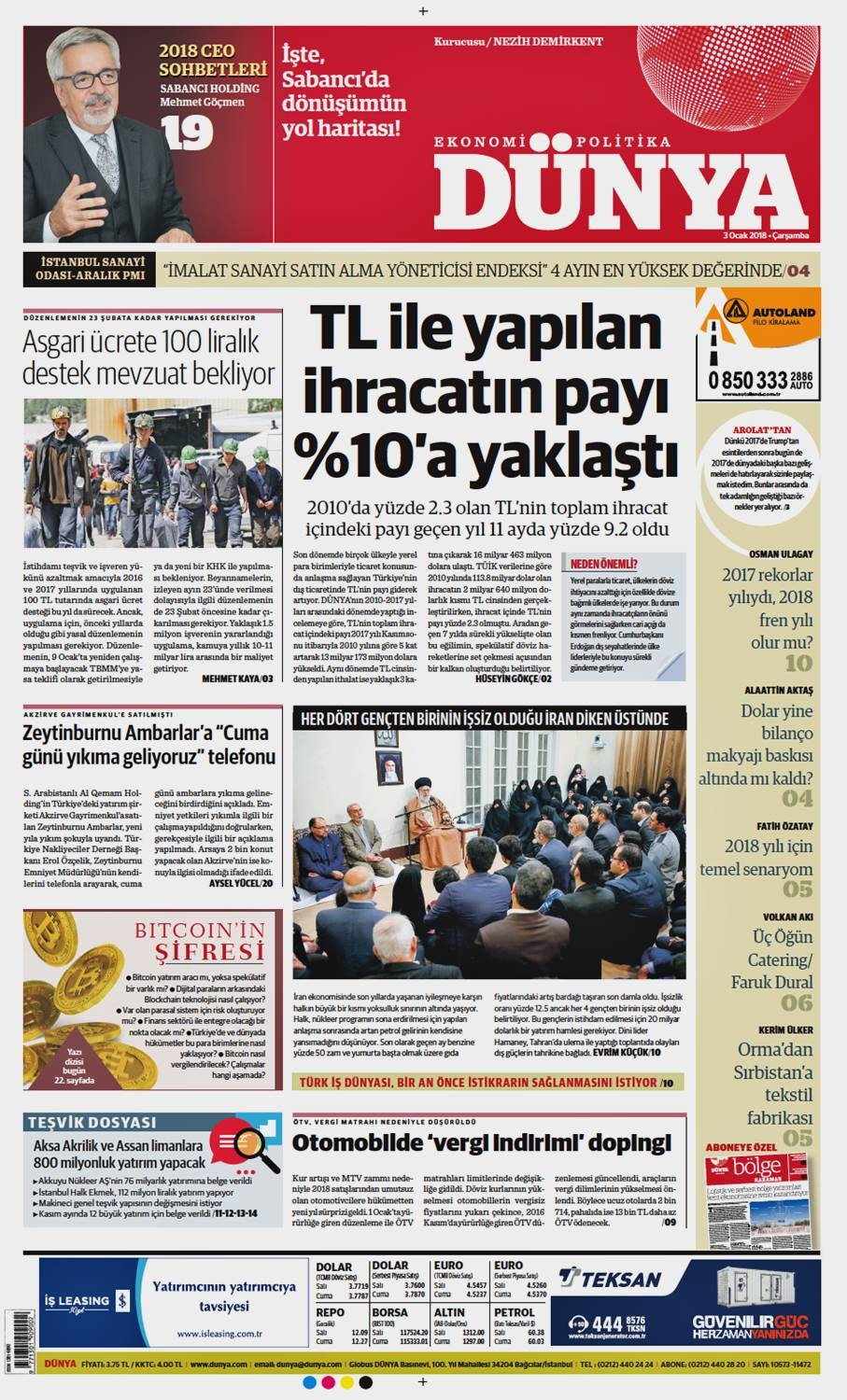 Günün gazete manşetleri (3 Ocak 2018) - Sayfa 1