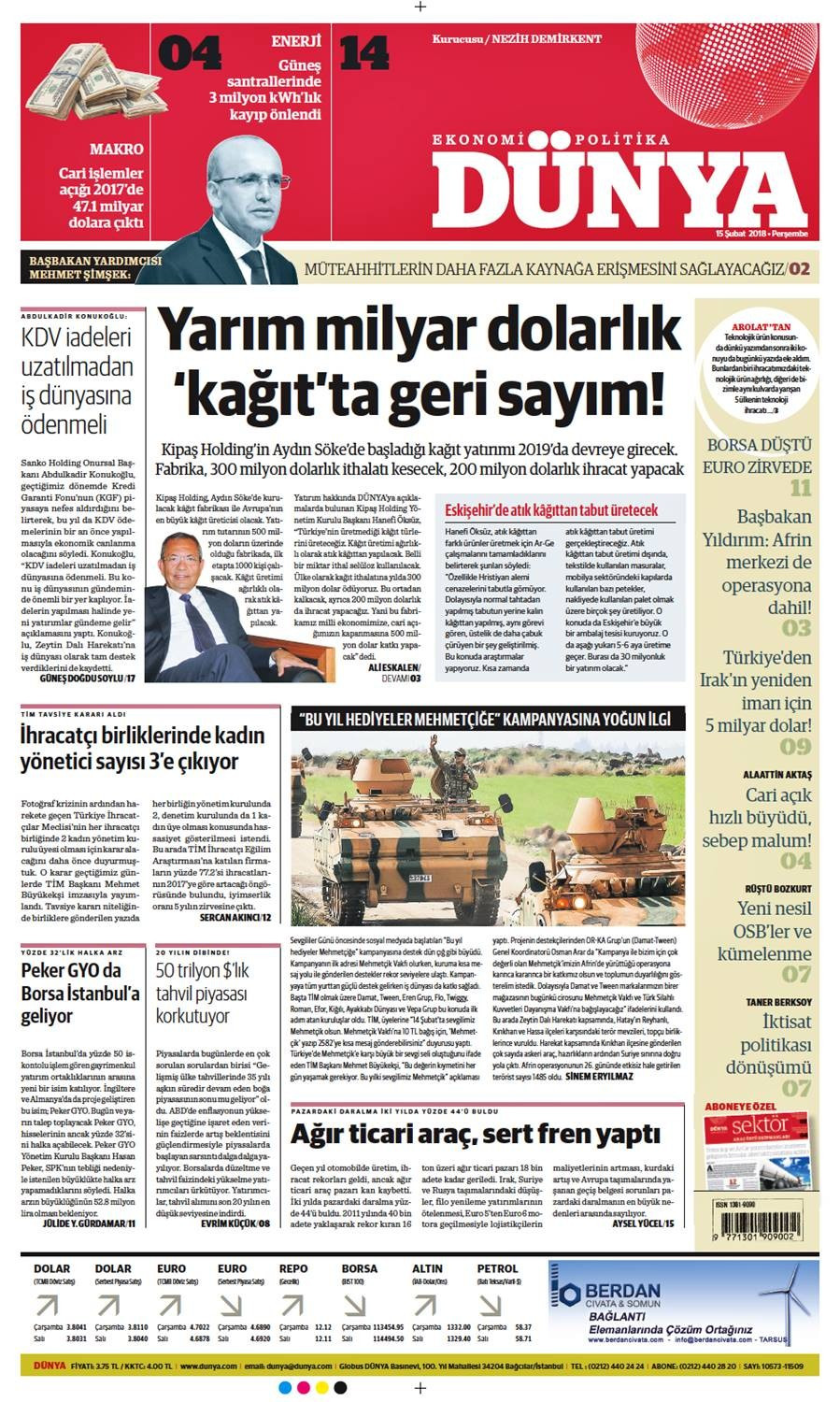 Günün gazete manşetleri (15 Şubat 2018) - Sayfa 1