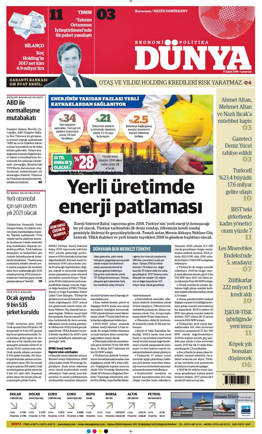 Günün gazete manşetleri (17 Şubat 2018) - Sayfa 1