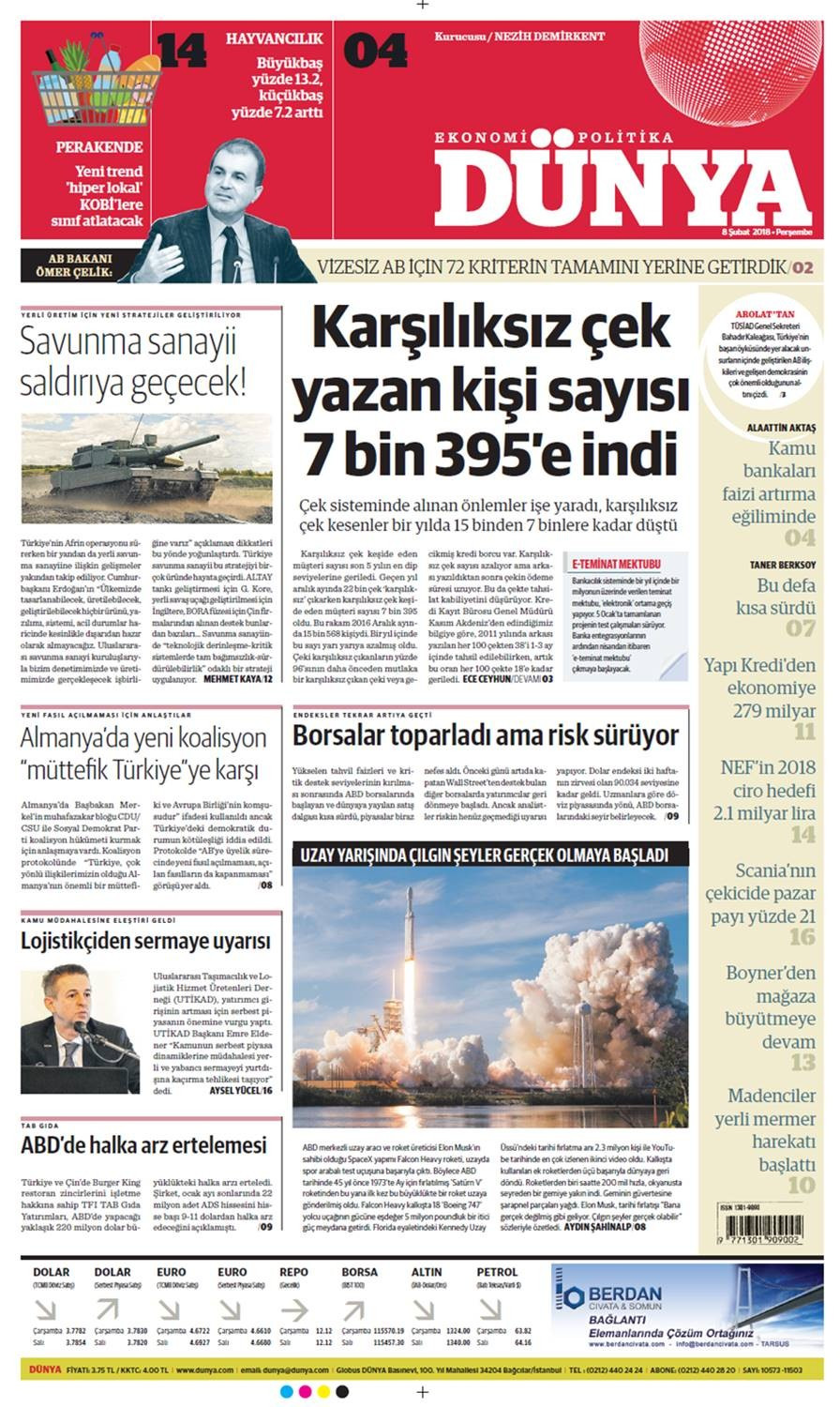 Günün gazete manşetleri (8 Şubat 2018) - Sayfa 1