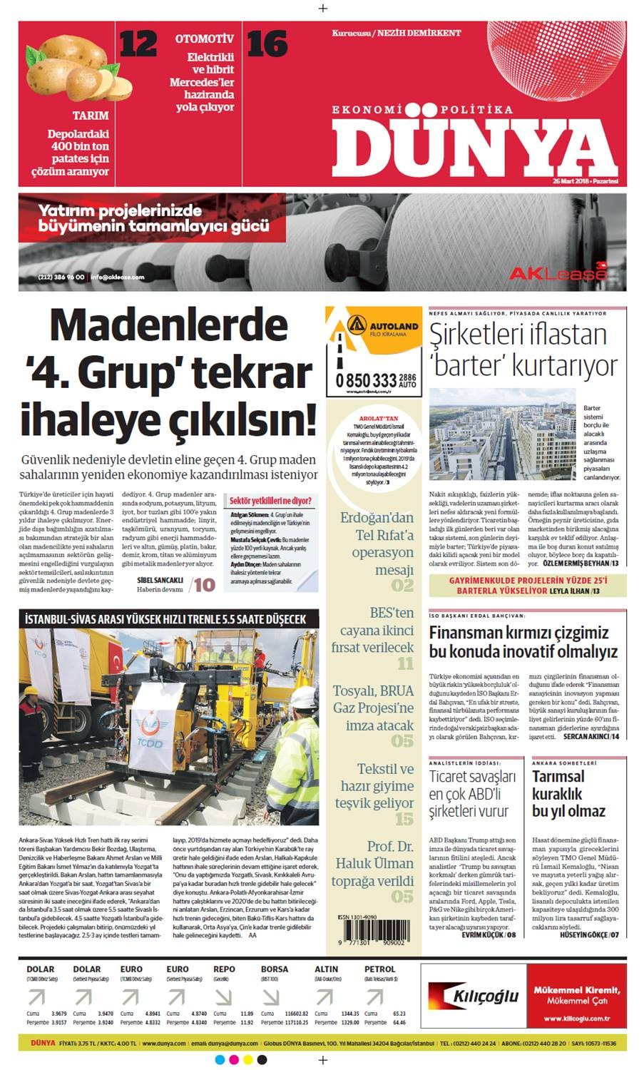 Günün gazete manşetleri (26 Mart 2018) - Sayfa 1
