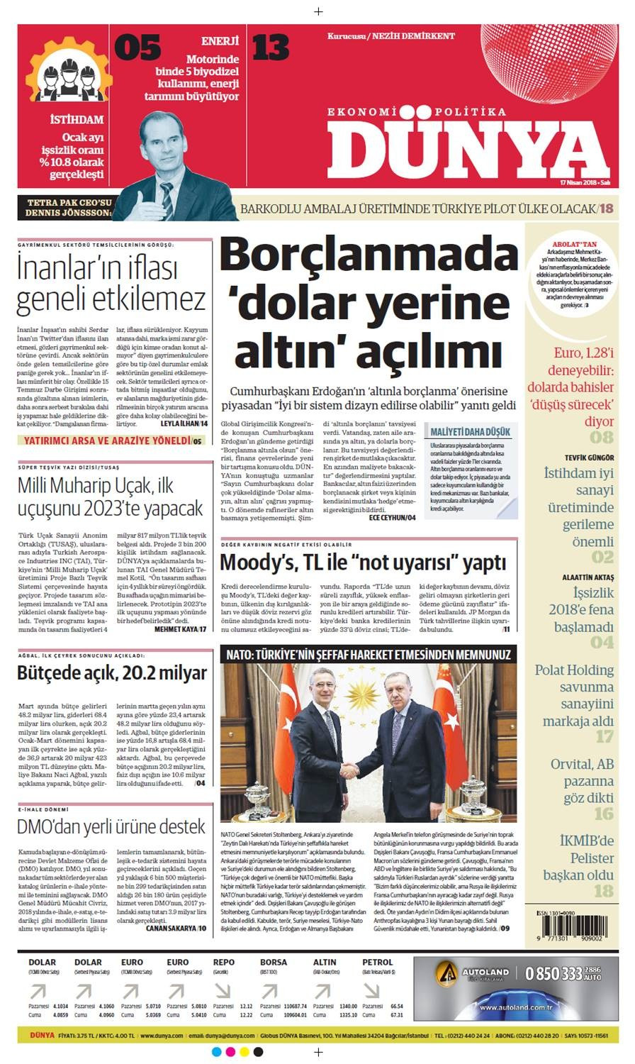 Günün gazete manşetleri (17 Nisan 2018) - Sayfa 1