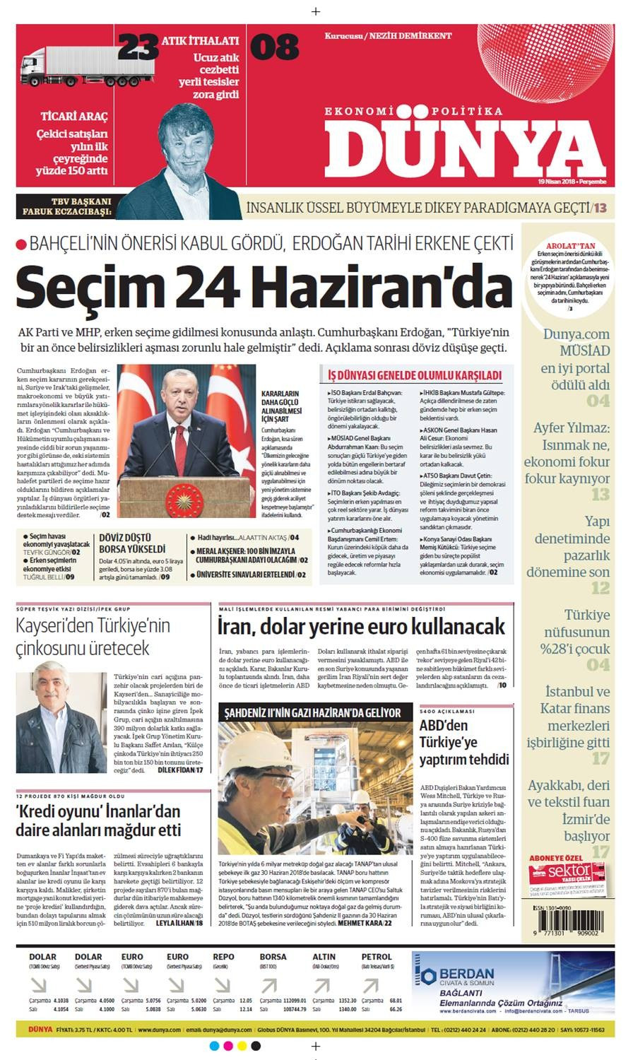 Günün gazete manşetleri (19 Nisan 2018) - Sayfa 1