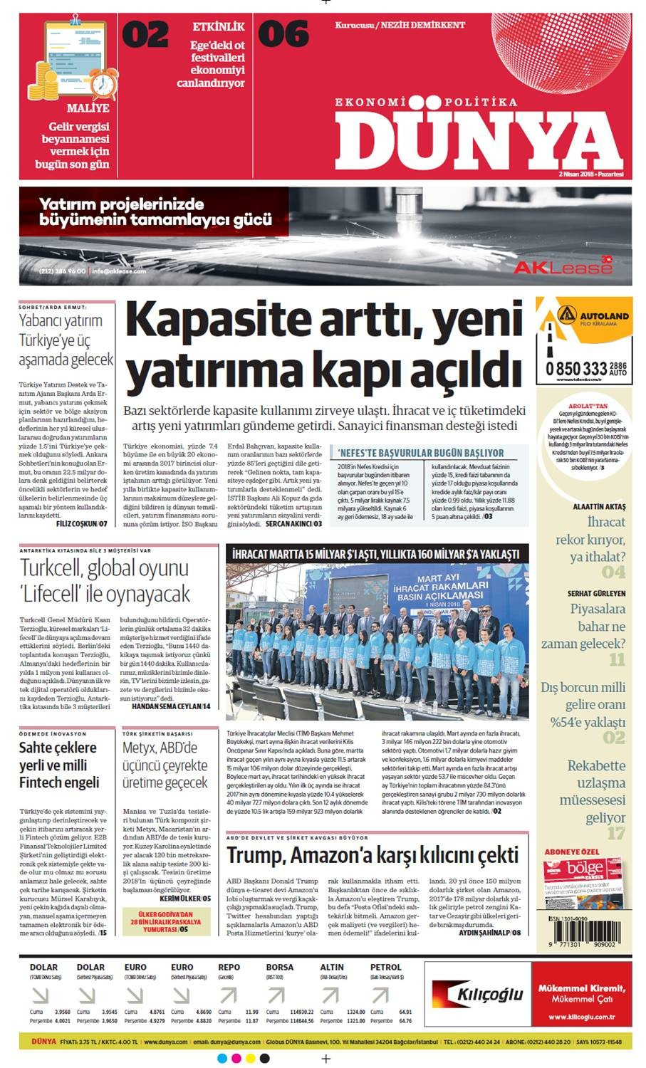 Günün gazete manşetleri (2 Nisan 2018) - Sayfa 1