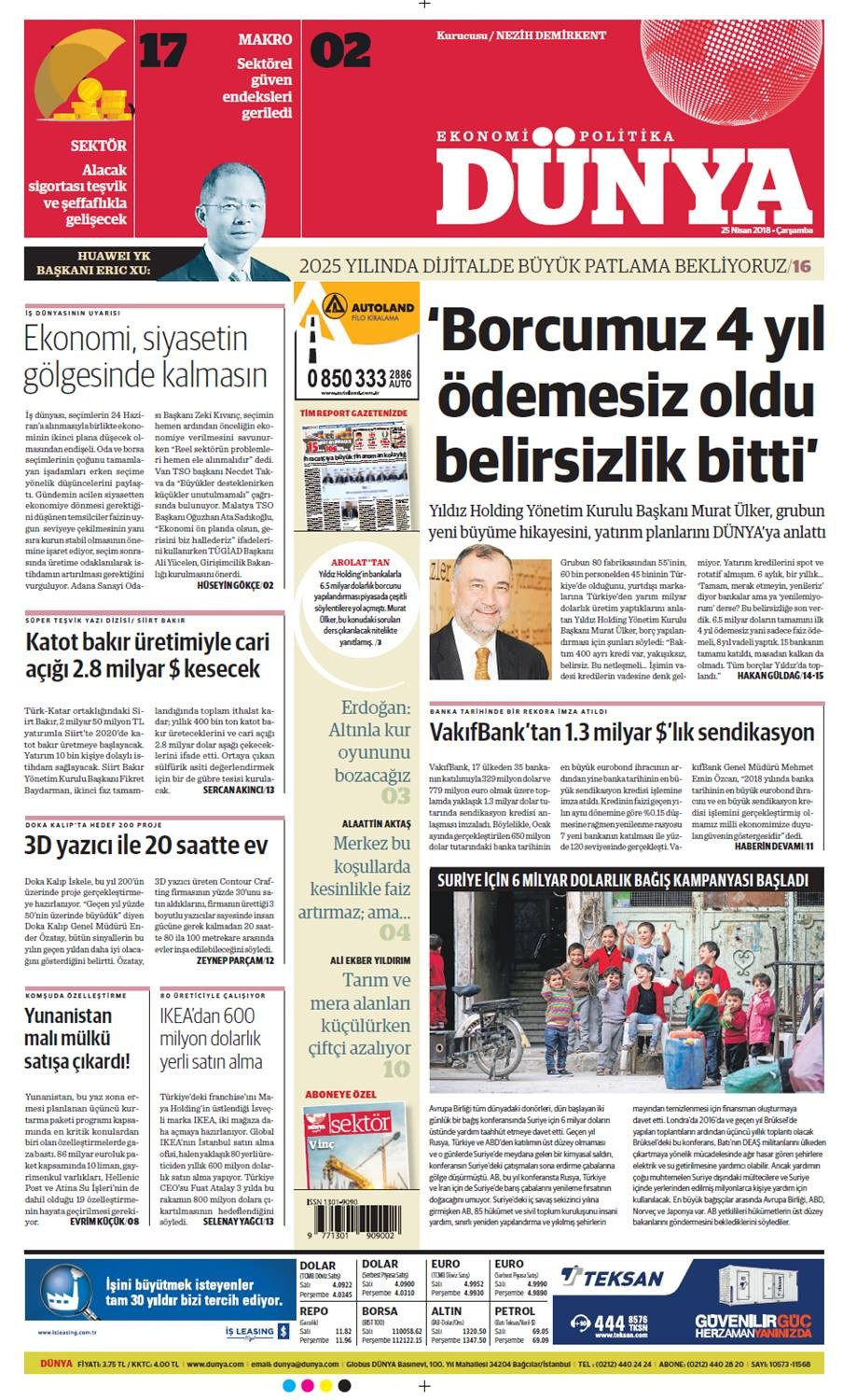 Günün gazete manşetleri (25 Nisan 2018) - Sayfa 1