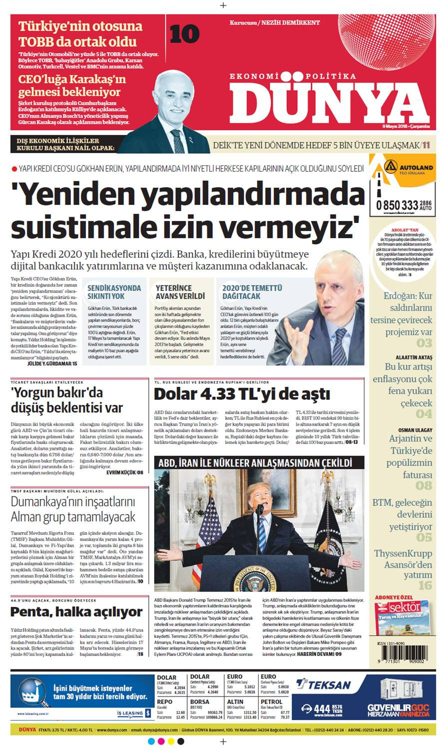 Günün gazete manşetleri (9 Mayıs 2018) - Sayfa 1