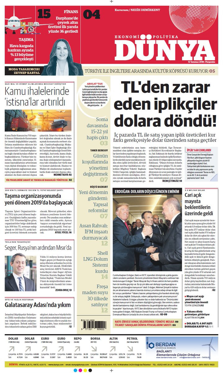 Günün gazete manşetleri (12 Temmuz 2018) - Sayfa 1