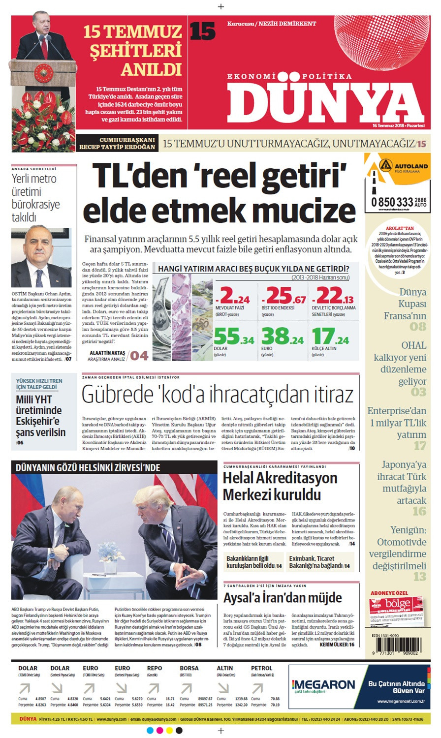 Günün gazete manşetleri (16 Temmuz 2018) - Sayfa 1