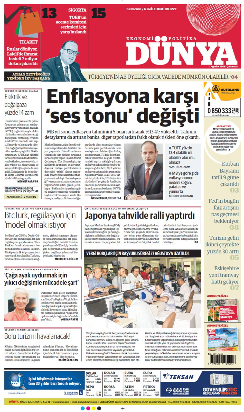 Günün gazete manşetleri (1 Ağustos 2018) - Sayfa 1