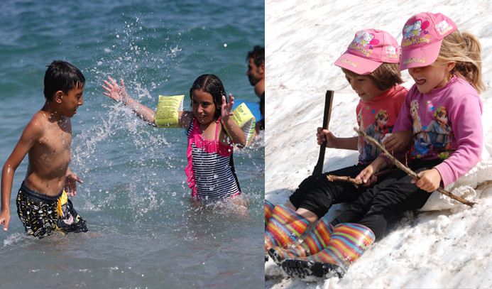 Antalya'da bir yanda deniz diğer yanda kar keyfi